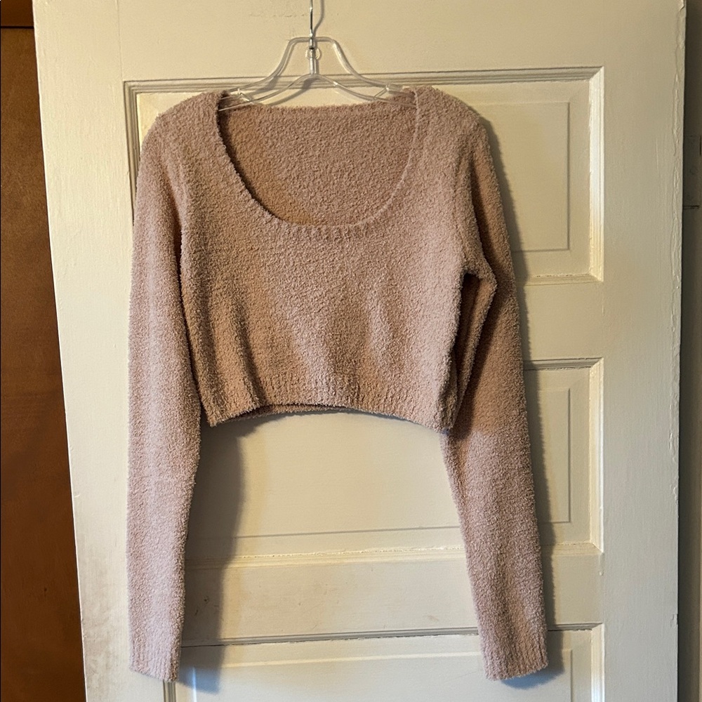 SHEIN Dusty Blush Cropped Scoop-Neck Fuzzy Sweater